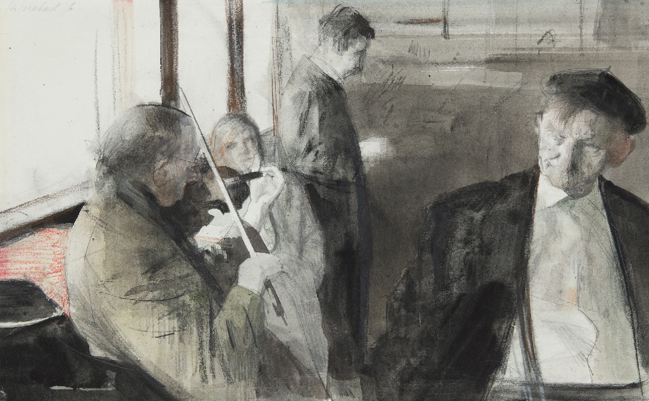 Jan Andreas Goedhart | Interieur met violist, houtskool en krijt op papier, 63,0 x 83,0 cm, gesigneerd l.b. en gedateerd '76 Jan Andreas Goedhart | Interieur met violist, houtskool en krijt op papier, 63,0 x 83,0 cm, gesigneerd l.b. en gedateerd '76