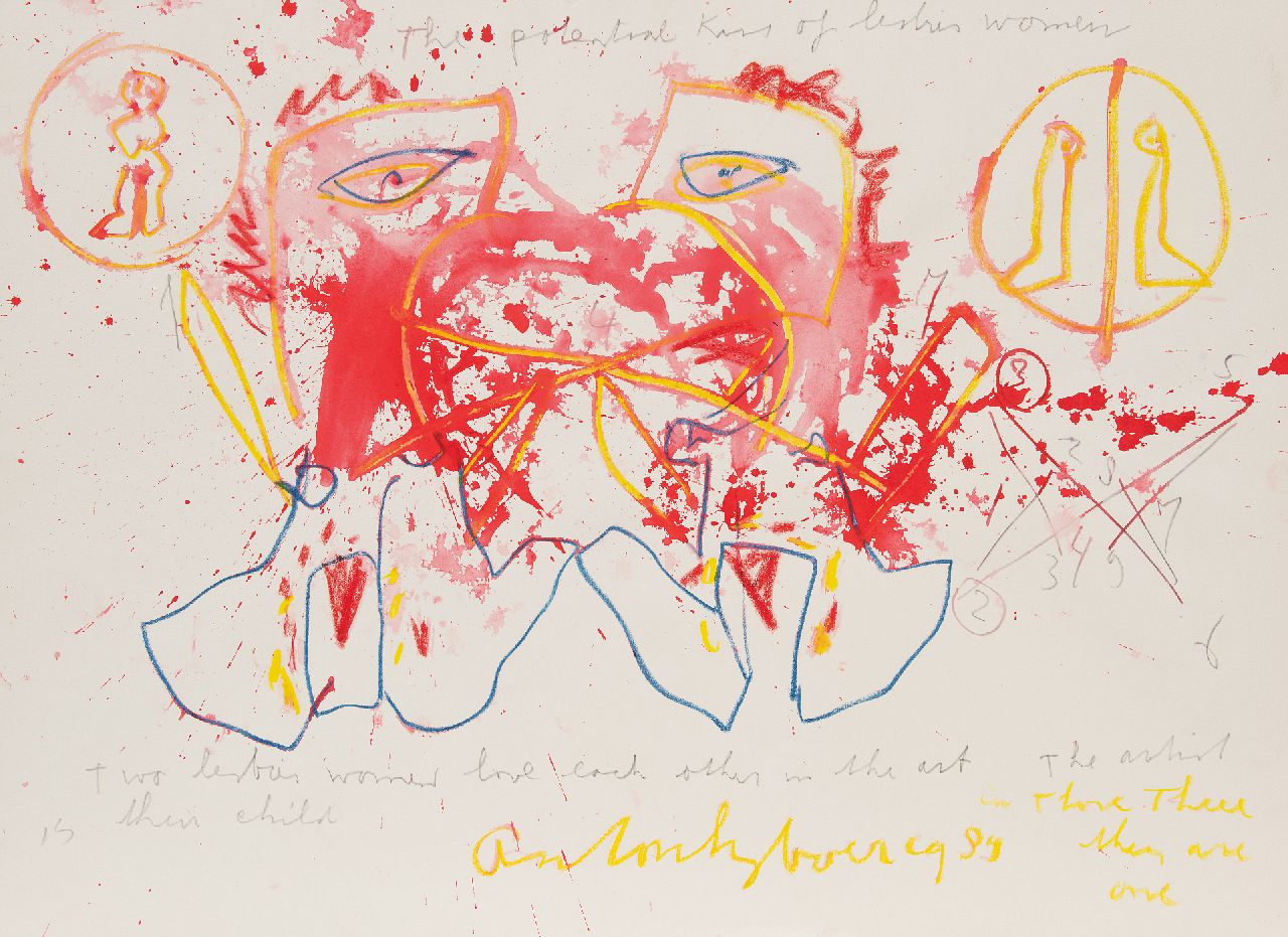 Heyboer A.  | Anton Heyboer | Aquarellen en tekeningen te koop aangeboden | The potential kiss of lesbian women, potlood, krijt en aquarel op papier 78,4 x 107,5 cm, gesigneerd middenonder en gedateerd 1989, zonder lijst