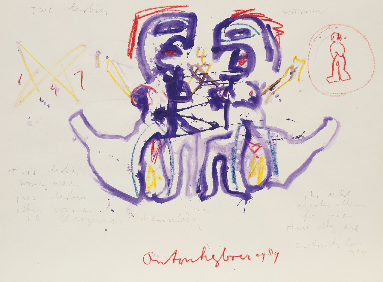 Heyboer A. | Anton Heyboer | Aquarellen en tekeningen te koop aangeboden | Two lesbian women, potlood, krijt en aquarel op papier 78,5 x 107,5 cm, gesigneerd middenonder en gedateerd 1984, zonder lijst Heyboer A. | Anton Heyboer | Aquarellen en tekeningen te koop aangeboden | Two lesbian women, potlood, krijt en aquarel op papier 78,5 x 107,5 cm, gesigneerd middenonder en gedateerd 1984, zonder lijst
