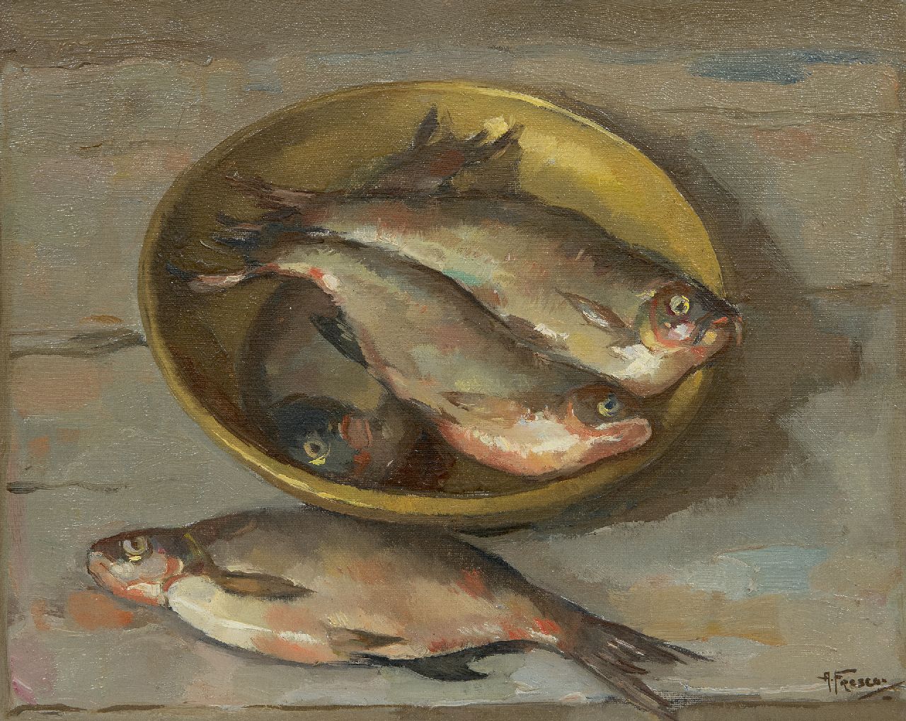 Fresco A. | Abraham Fresco, Haringen in een schaal, olieverf op doek 33,2 x 40,6 cm, gesigneerd rechtsonder Fresco A. | Abraham Fresco, Haringen in een schaal, olieverf op doek 33,2 x 40,6 cm, gesigneerd rechtsonder