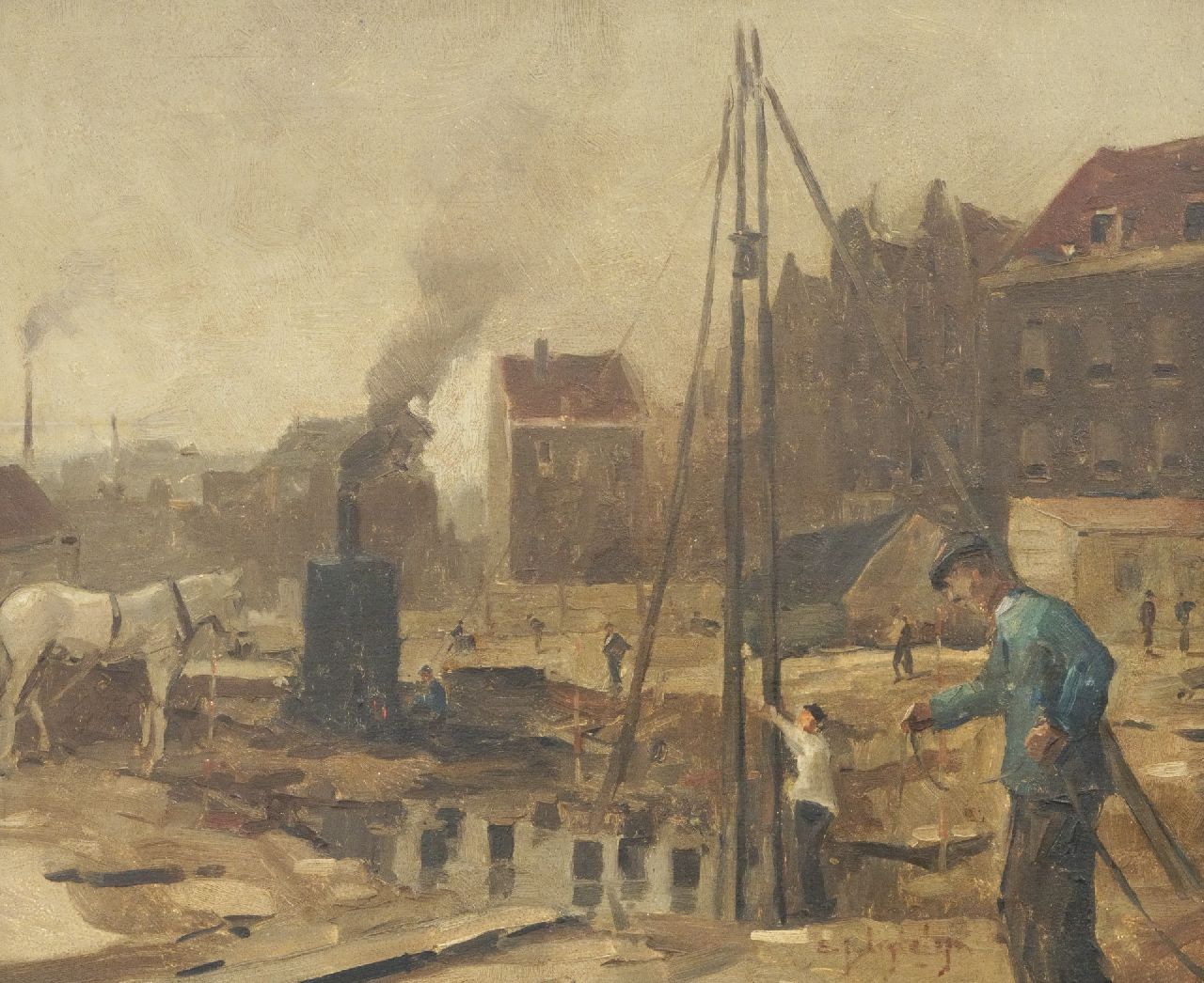 Ligtelijn E.J. | Evert Jan Ligtelijn, Bouwput in Amsterdam, olieverf op paneel 39,8 x 47,9 cm, gesigneerd rechtsonder Ligtelijn E.J. | Evert Jan Ligtelijn, Bouwput in Amsterdam, olieverf op paneel 39,8 x 47,9 cm, gesigneerd rechtsonder