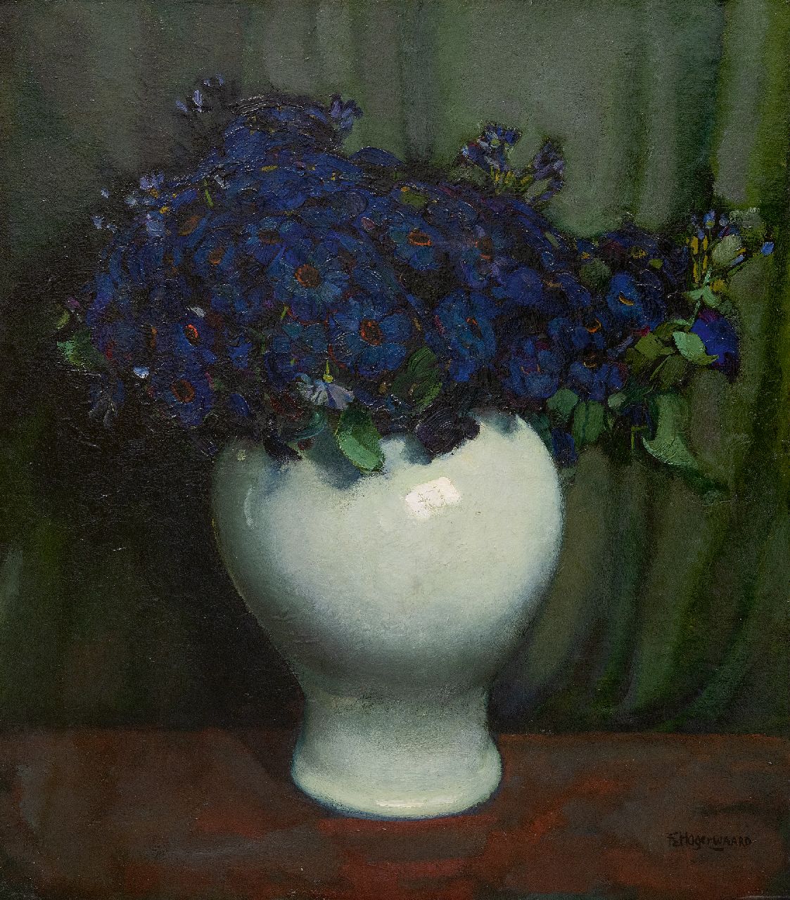 Frans Hogerwaard | Diepblauwe bloemen in witte pot, olieverf op doek, 70,0 x 60,0 cm, gesigneerd r.o. Frans Hogerwaard | Diepblauwe bloemen in witte pot, olieverf op doek, 70,0 x 60,0 cm, gesigneerd r.o.
