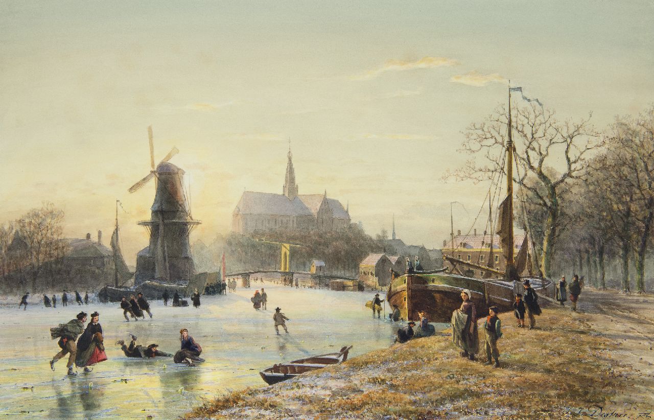 Destrée J.J.  | Johannes Josephus Destrée, Schaatsplezier op het Spaarne met De Adriaan en de St. Bavokerk, Haarlem, aquarel op papier 36,5 x 56,6 cm, gesigneerd rechtsonder