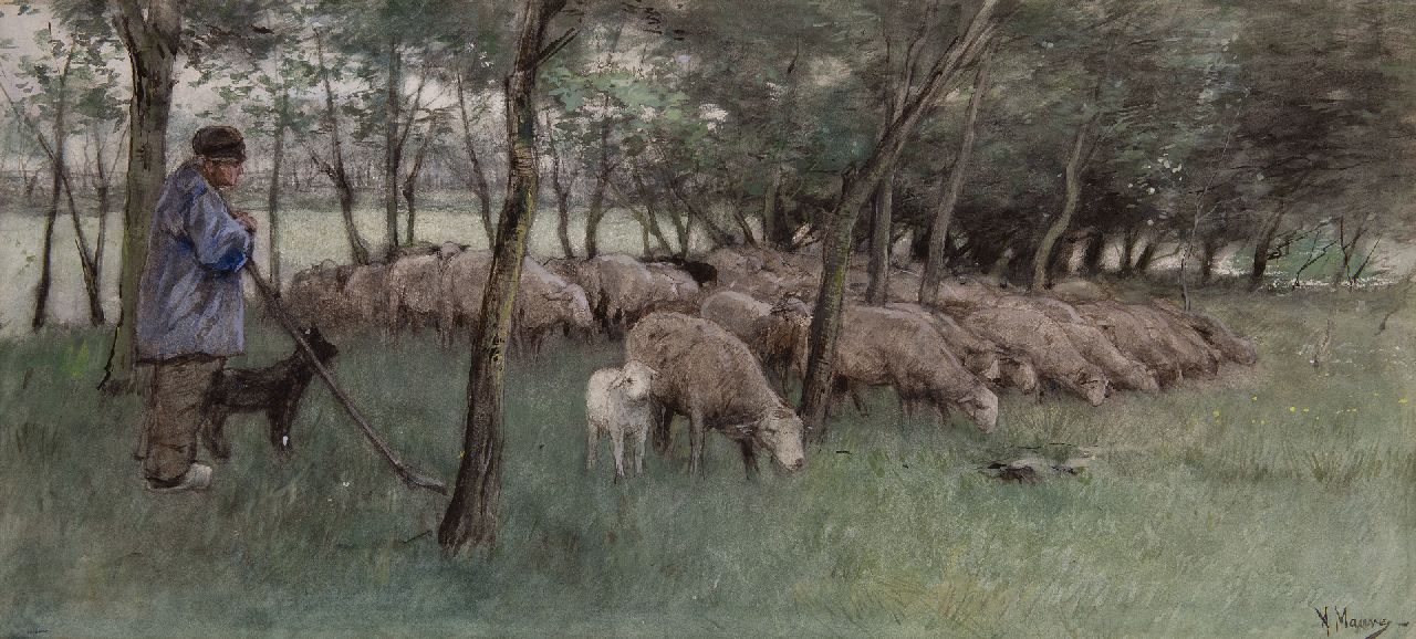 Mauve A.  | Anthonij 'Anton' Mauve | Aquarellen en tekeningen te koop aangeboden | Schaapherder met grazende kudde, aquarel op papier 30,5 x 67,0 cm, gesigneerd rechtsonder en te dateren ca. 1877