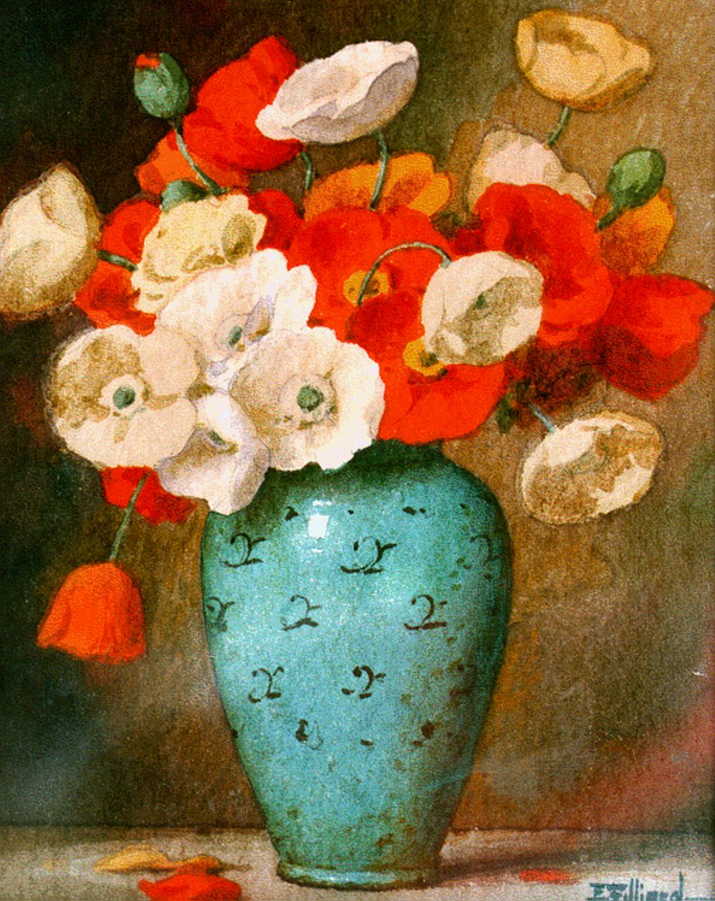 Filliard E.  | Ernest Filliard, Klaproosjes in turquoise vaas, aquarel op papier 16,0 x 13,0 cm, gesigneerd rechtsonder
