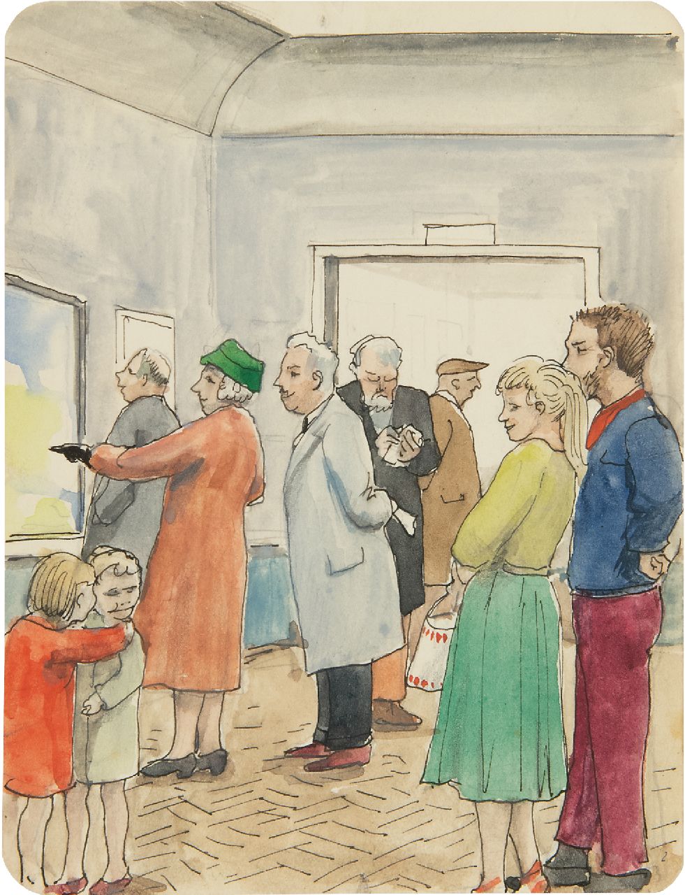 Kamerlingh Onnes H.H.  | 'Harm' Henrick Kamerlingh Onnes, De tentoonstelling (met in het midden de schilder zelf), pen en inkt en aquarel op papier 13,1 x 10,0 cm, gesigneerd verso en te dateren 1956
