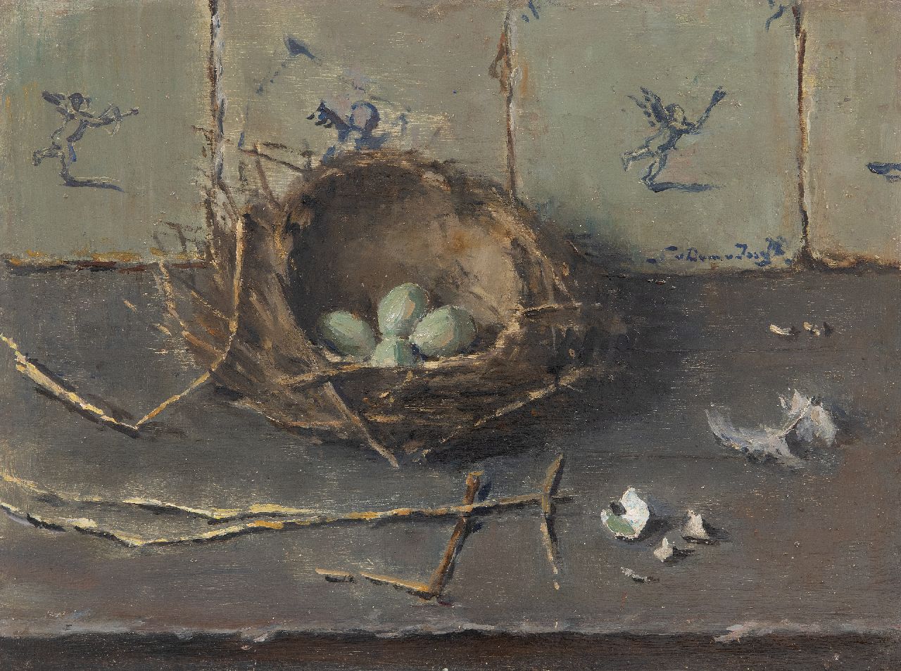 Dam van Isselt L. van | Lucie van Dam van Isselt, Eieren in een vogelnestje bij Hollandse tegeltjes, olieverf op paneel 30,1 x 40,2 cm, gesigneerd rechts van het midden