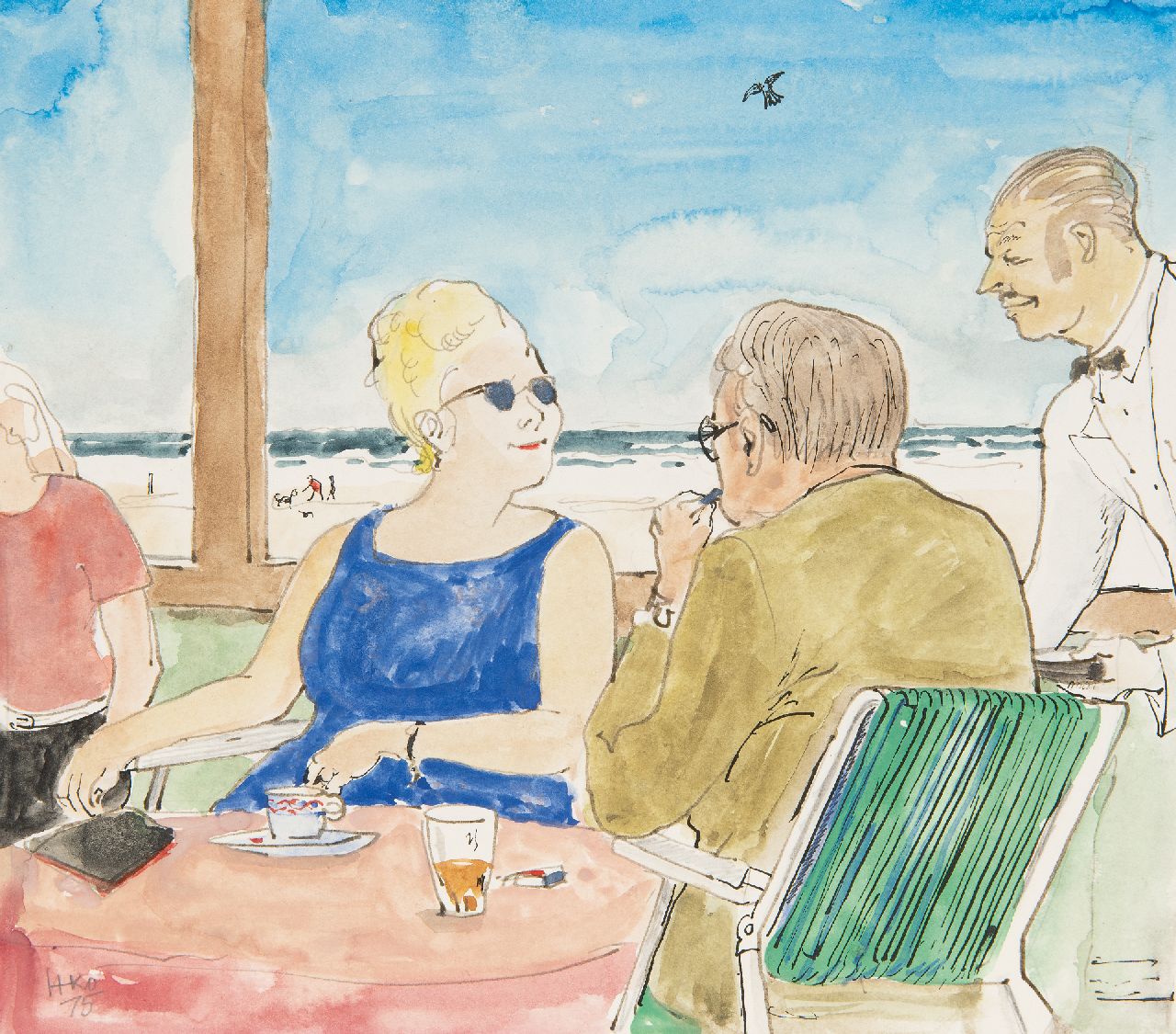 Kamerlingh Onnes H.H. | 'Harm' Henrick Kamerlingh Onnes | Aquarellen en tekeningen te koop aangeboden | Zomerdag op een terras bij de zee, potlood, pen en aquarel op papier 21,1 x 24,1 cm, gesigneerd linksonder met monogram en gedateerd '75 Kamerlingh Onnes H.H. | 'Harm' Henrick Kamerlingh Onnes | Aquarellen en tekeningen te koop aangeboden | Zomerdag op een terras bij de zee, potlood, pen en aquarel op papier 21,1 x 24,1 cm, gesigneerd linksonder met monogram en gedateerd '75
