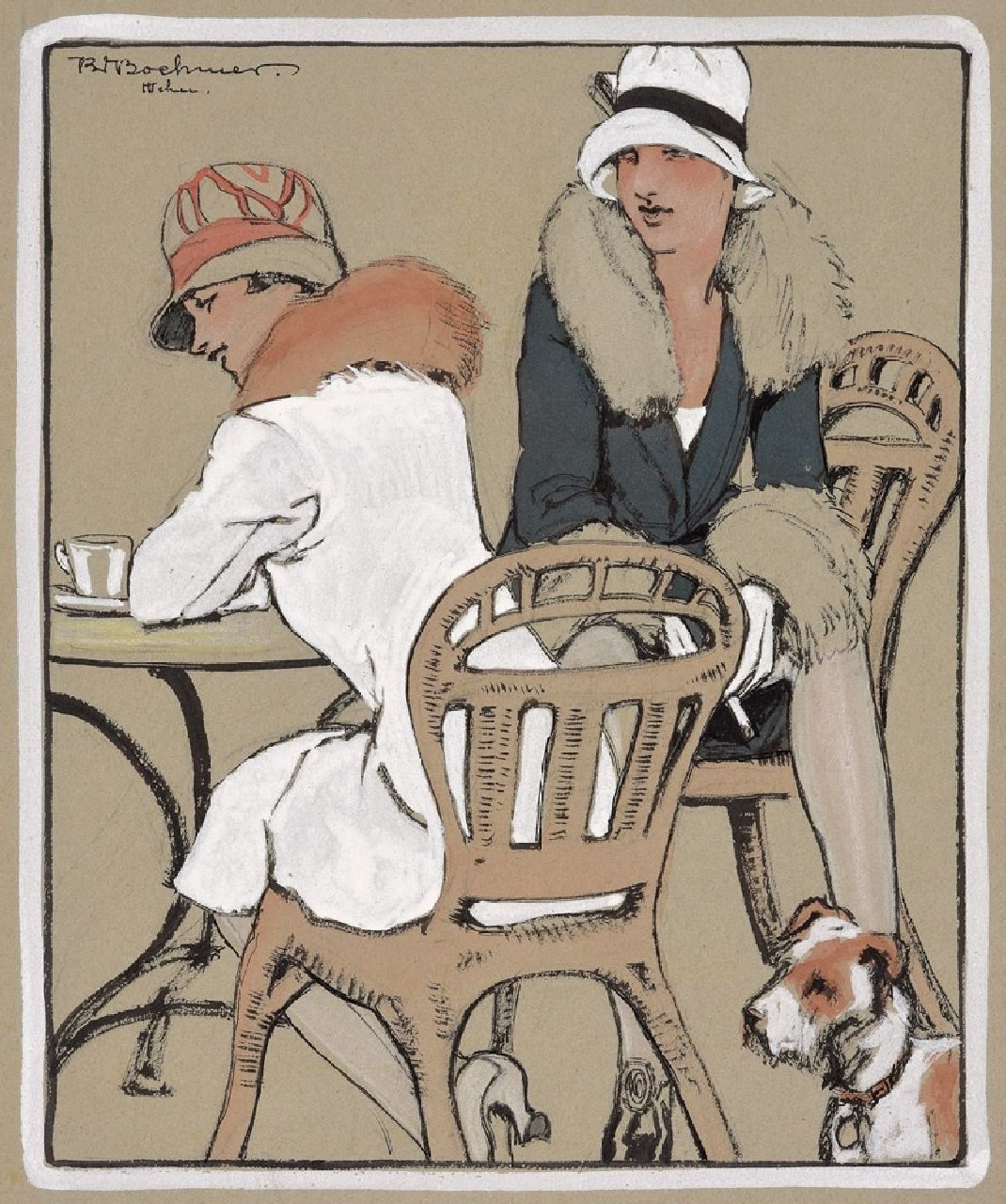 Boehmer K.W.  | Karl Wolfgang Boehmer | Aquarellen en tekeningen te koop aangeboden | Op het terras, aquarel en gouache op papier 25,0 x 20,5 cm, gesigneerd linksboven en niet ingelijst