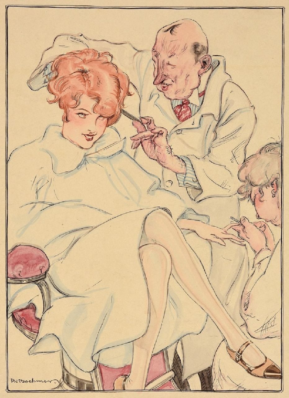 Boehmer K.W.  | Karl Wolfgang Boehmer | Aquarellen en tekeningen te koop aangeboden | Bij de kapper, aquarel op papier 25,0 x 18,0 cm, gesigneerd linksonder en zonder lijst