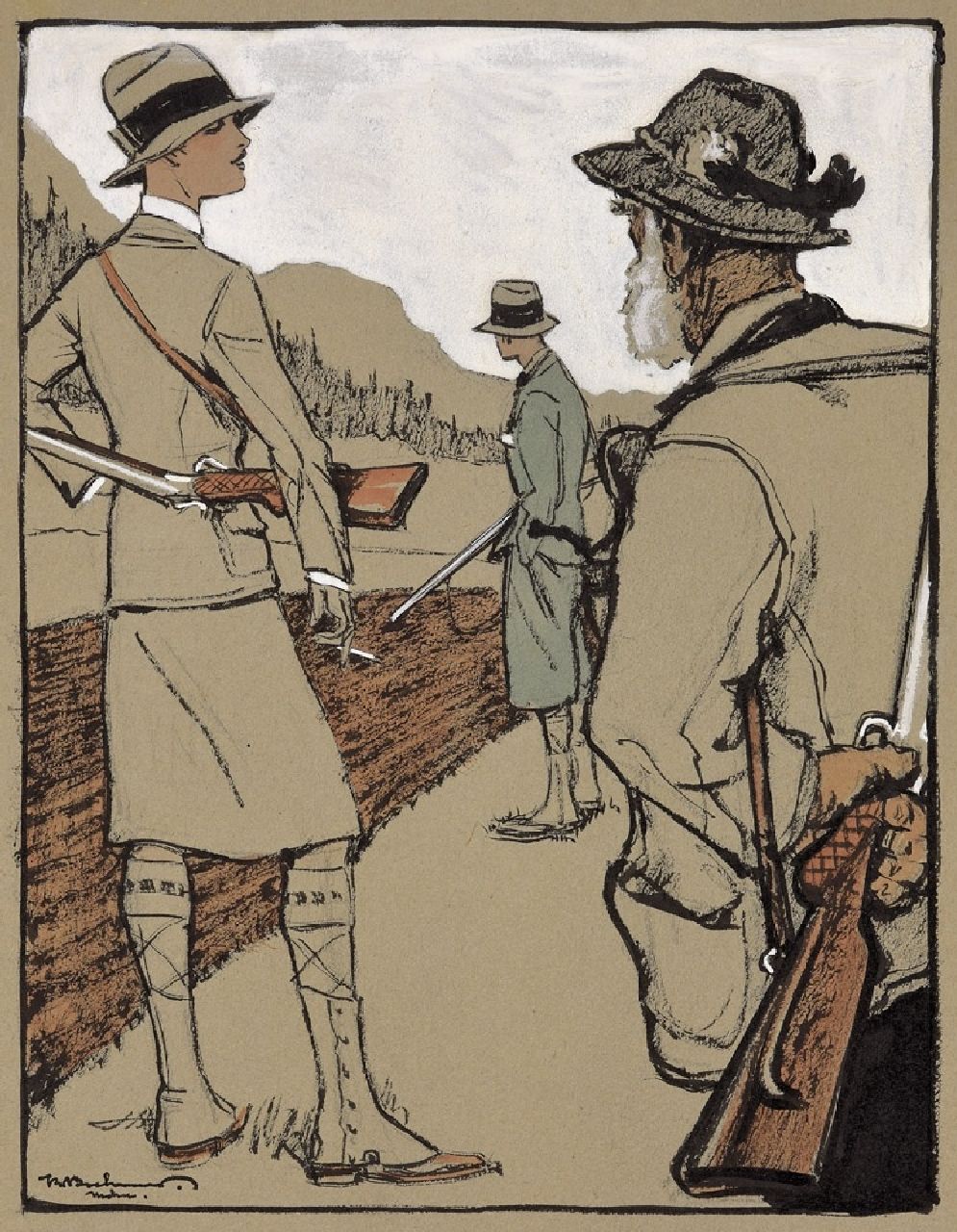 Boehmer K.W.  | Karl Wolfgang Boehmer, Pauze tijdens de jacht, aquarel en gouache op papier 23,0 x 17,6 cm, gesigneerd linksonder