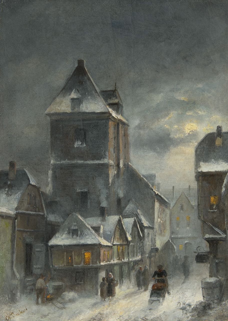Leickert C.H.J. | 'Charles' Henri Joseph Leickert, Winters stadsgezicht bij vroege avond, olieverf op doek 42,6 x 30,6 cm, gesigneerd linksonder en ca. 1895 Leickert C.H.J. | 'Charles' Henri Joseph Leickert, Winters stadsgezicht bij vroege avond, olieverf op doek 42,6 x 30,6 cm, gesigneerd linksonder en ca. 1895