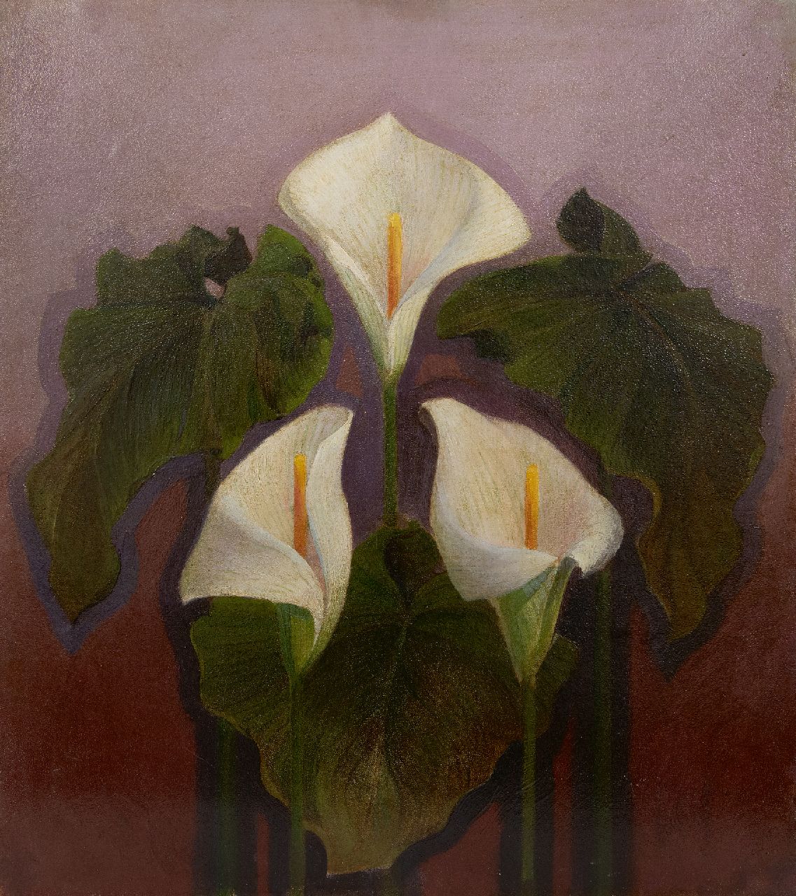 Verstraten D.  | Dirk Verstraten | Schilderijen te koop aangeboden | Drie witte aronskelken, olieverf op papier op board 48,3 x 42,3 cm, gesigneerd rechtsonder