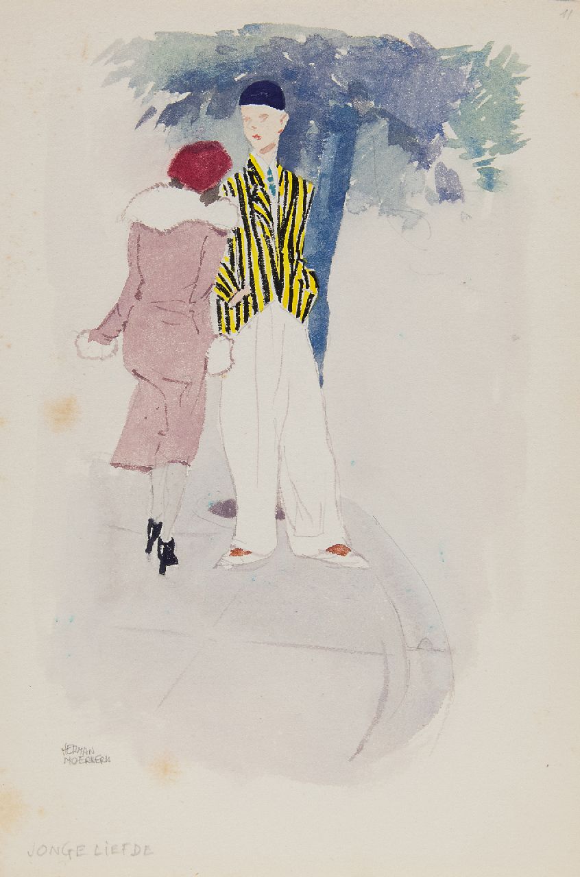 Moerkerk H.A.J.M.  | Hermanus Antonius Josephus Maria 'Herman' Moerkerk | Aquarellen en tekeningen te koop aangeboden | Jonge liefde, potlood en aquarel op papier 25,5 x 17,0 cm, gesigneerd linksonder