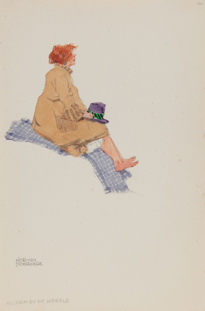 Moerkerk H.A.J.M.  | Hermanus Antonius Josephus Maria 'Herman' Moerkerk | Aquarellen en tekeningen te koop aangeboden | Alleen op de wereld, potlood en aquarel op papier 25,5 x 17,1 cm, gesigneerd linksonder