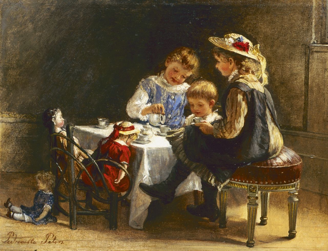 Peters P.  | Pietronella Peters, Theedrinken met de poppen, olieverf op doek op schildersboard 21,8 x 28,8 cm, gesigneerd linksonder