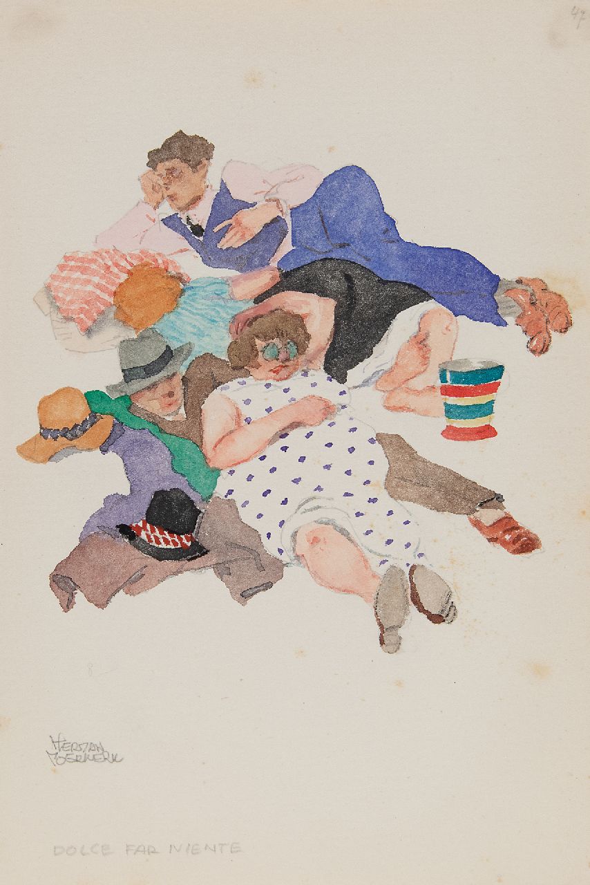 Moerkerk H.A.J.M.  | Hermanus Antonius Josephus Maria 'Herman' Moerkerk, Dolce far niente, potlood en aquarel op papier 25,5 x 17,1 cm, gesigneerd linksonder