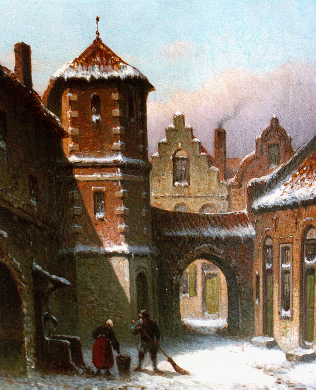Hilverdink E.A. | Eduard Alexander Hilverdink, Winters stadsgezicht met figuren, olieverf op paneel 17,3 x 13,5 cm, gesigneerd linksonder en gedateerd '74 Hilverdink E.A. | Eduard Alexander Hilverdink, Winters stadsgezicht met figuren, olieverf op paneel 17,3 x 13,5 cm, gesigneerd linksonder en gedateerd '74