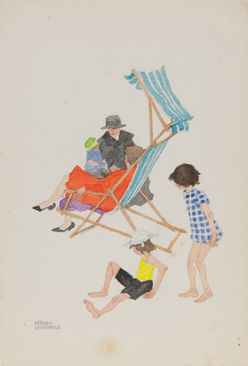 Moerkerk H.A.J.M. | Hermanus Antonius Josephus Maria 'Herman' Moerkerk, Dagje op 't strand, potlood en aquarel op papier 25,5 x 17,1 cm, gesigneerd linksonder Moerkerk H.A.J.M. | Hermanus Antonius Josephus Maria 'Herman' Moerkerk, Dagje op 't strand, potlood en aquarel op papier 25,5 x 17,1 cm, gesigneerd linksonder