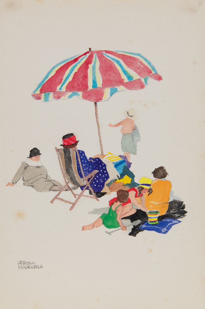 Moerkerk H.A.J.M.  | Hermanus Antonius Josephus Maria 'Herman' Moerkerk, Onder moeders parasol op Zandvoort, potlood en aquarel op papier 25,5 x 17,1 cm, gesigneerd linksonder