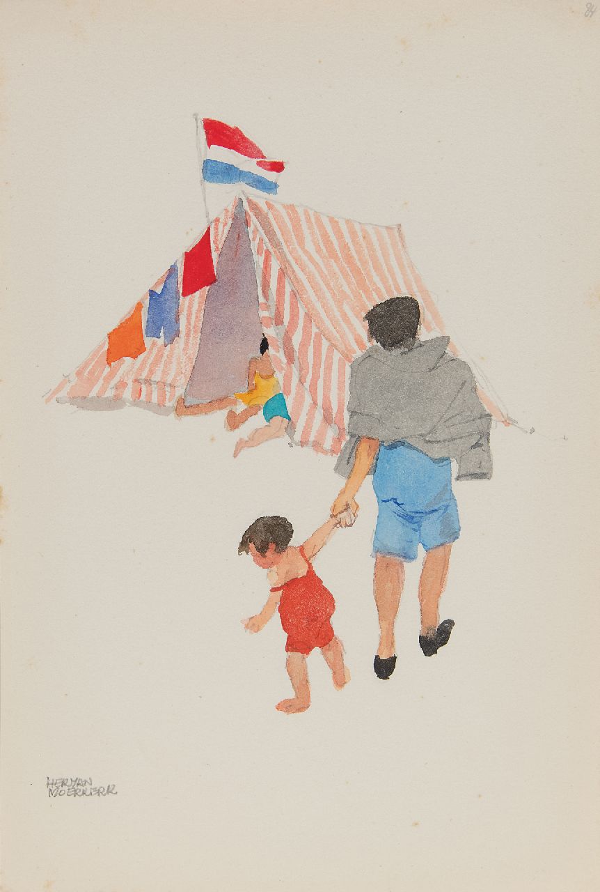Moerkerk H.A.J.M.  | Hermanus Antonius Josephus Maria 'Herman' Moerkerk, Het roodwitte tentje met Hollandse vlag, potlood en aquarel op papier 25,6 x 17,3 cm, gesigneerd linksonder
