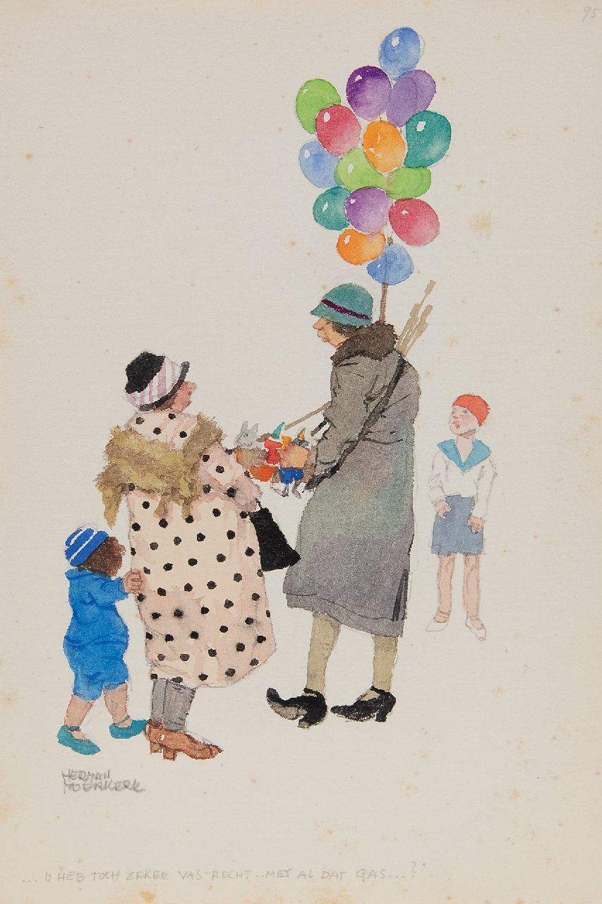 Moerkerk H.A.J.M.  | Hermanus Antonius Josephus Maria 'Herman' Moerkerk | Aquarellen en tekeningen te koop aangeboden | '...U heb toch zeker vas-recht.. met al dat gas...?', potlood en aquarel op papier 25,5 x 17,1 cm, gesigneerd linksonder