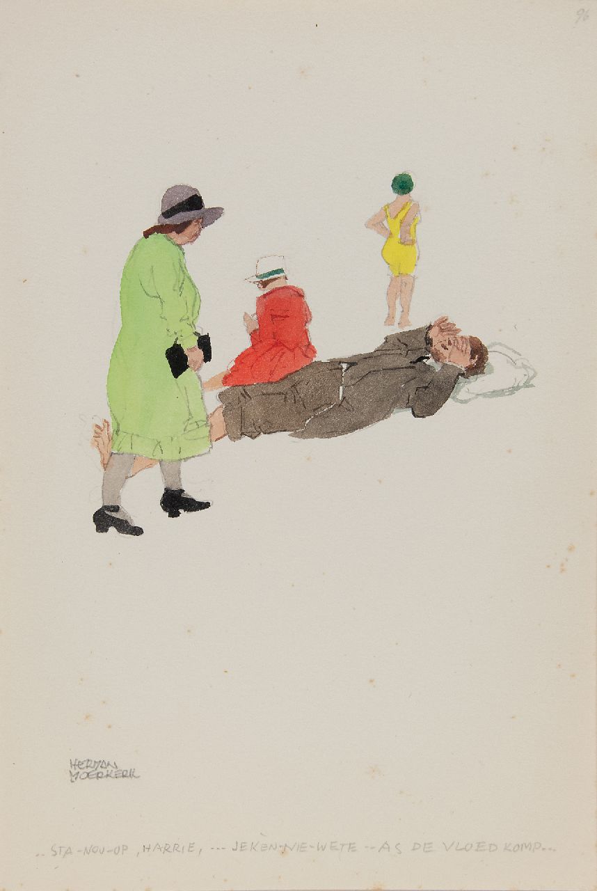 Moerkerk H.A.J.M.  | Hermanus Antonius Josephus Maria 'Herman' Moerkerk, '.. Sta-nou-op, Harrie,... je kèn-nie-wete.. As de vloed komp...', potlood en aquarel op papier 25,5 x 17,2 cm, gesigneerd linksonder