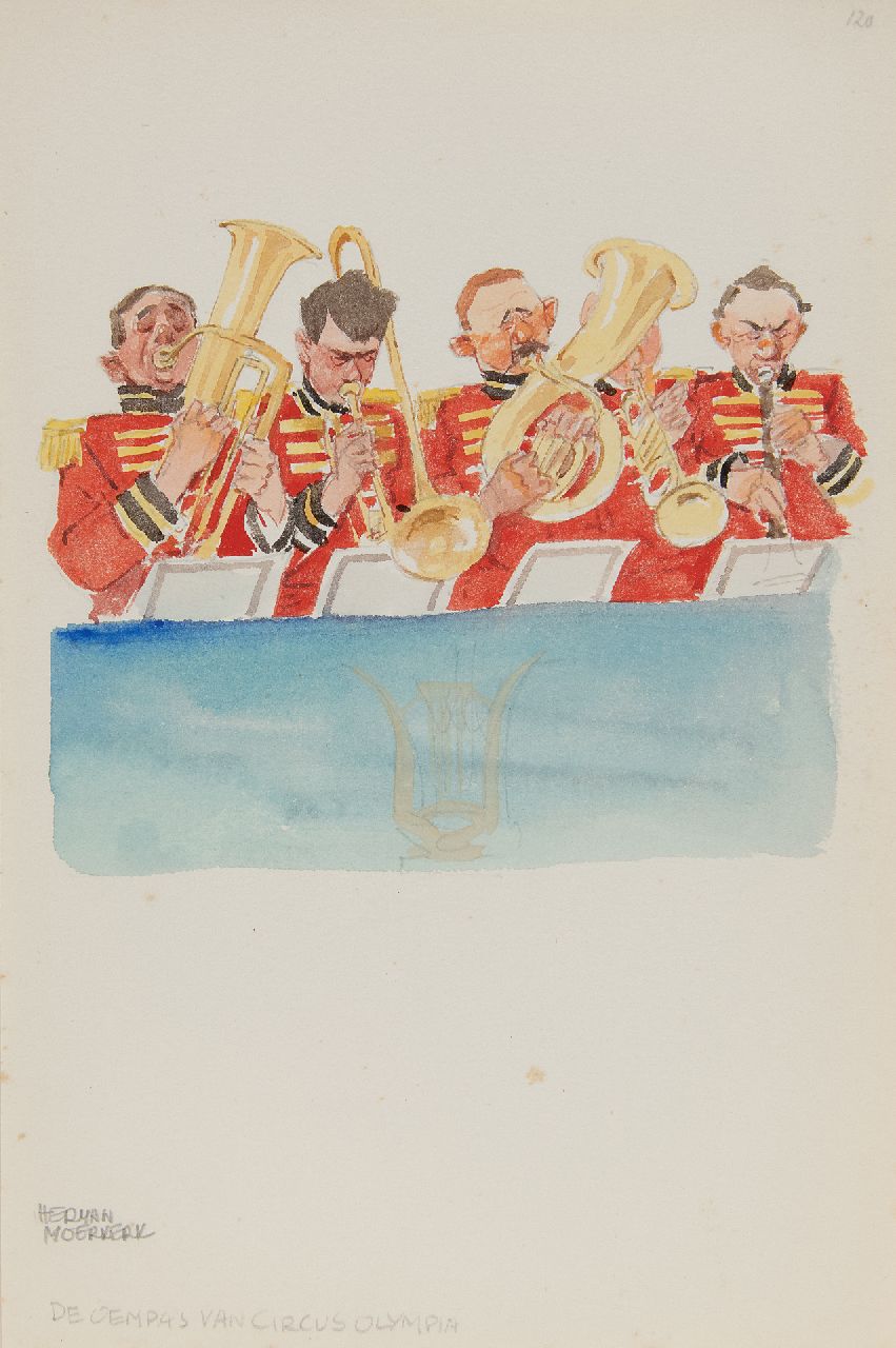 Moerkerk H.A.J.M.  | Hermanus Antonius Josephus Maria 'Herman' Moerkerk | Aquarellen en tekeningen te koop aangeboden | De hoempapa band van circus Olympia Palace, potlood en aquarel op papier 25,6 x 17,1 cm, gesigneerd linksonder