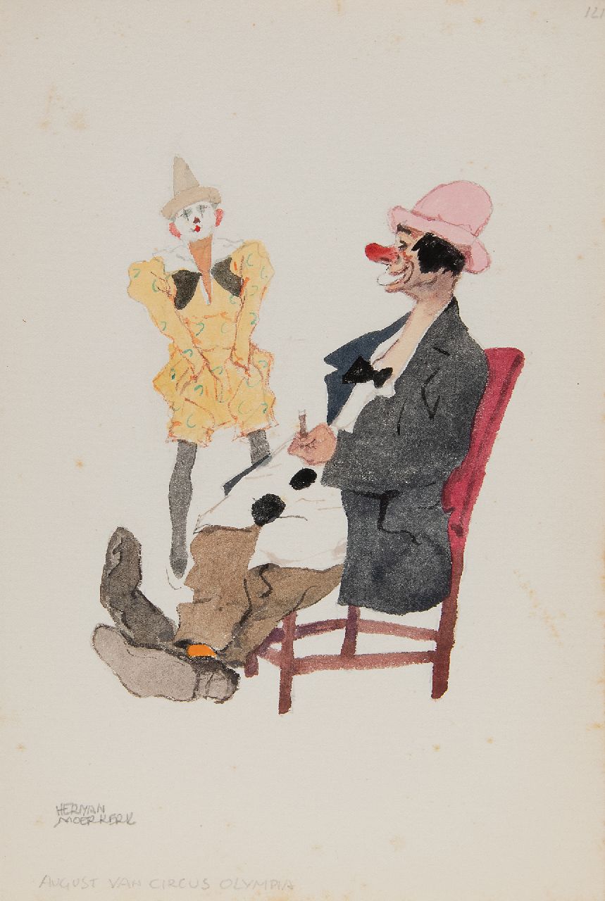 Moerkerk H.A.J.M.  | Hermanus Antonius Josephus Maria 'Herman' Moerkerk | Aquarellen en tekeningen te koop aangeboden | August van Circus Olympia, potlood en aquarel op papier 25,6 x 17,2 cm, gesigneerd linksonder
