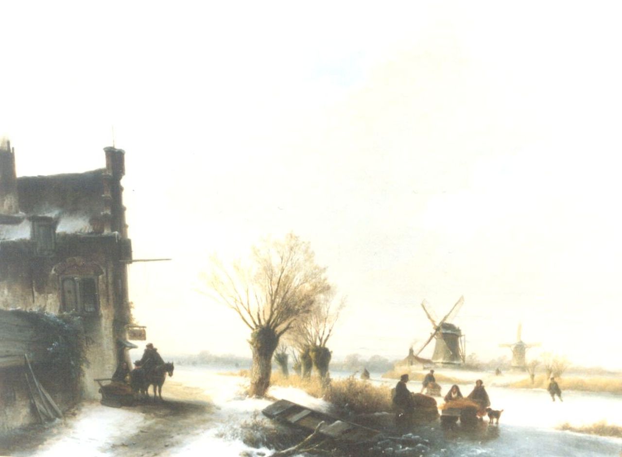 Hoppenbrouwers J.F.  | Johannes Franciscus Hoppenbrouwers, Winterse vaart met schaatsers en houtsprokkelaar, olieverf op paneel 51,3 x 68,3 cm, gesigneerd linksonder