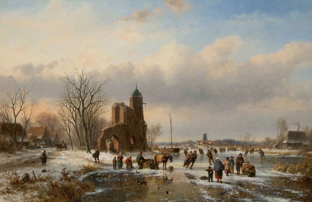 Vester W. | Willem Vester, Schaatsers op het ijs bij een kasteelruïne, olieverf op doek 82,1 x 124,8 cm, gesigneerd linksonder Vester W. | Willem Vester, Schaatsers op het ijs bij een kasteelruïne, olieverf op doek 82,1 x 124,8 cm, gesigneerd linksonder