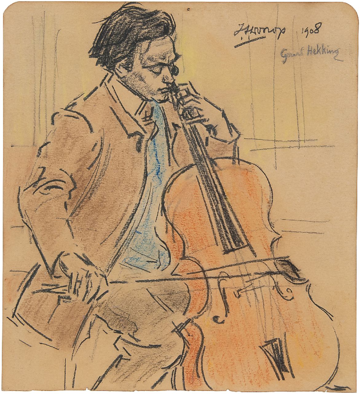 Toorop J.Th. | Johannes Theodorus 'Jan' Toorop | Aquarellen en tekeningen te koop aangeboden | Gerard Hekking, cello spelend, zwart en gekleurd krijt op papier 21,6 x 19,7 cm, gesigneerd rechtsboven en gedateerd 1908 Toorop J.Th. | Johannes Theodorus 'Jan' Toorop | Aquarellen en tekeningen te koop aangeboden | Gerard Hekking, cello spelend, zwart en gekleurd krijt op papier 21,6 x 19,7 cm, gesigneerd rechtsboven en gedateerd 1908