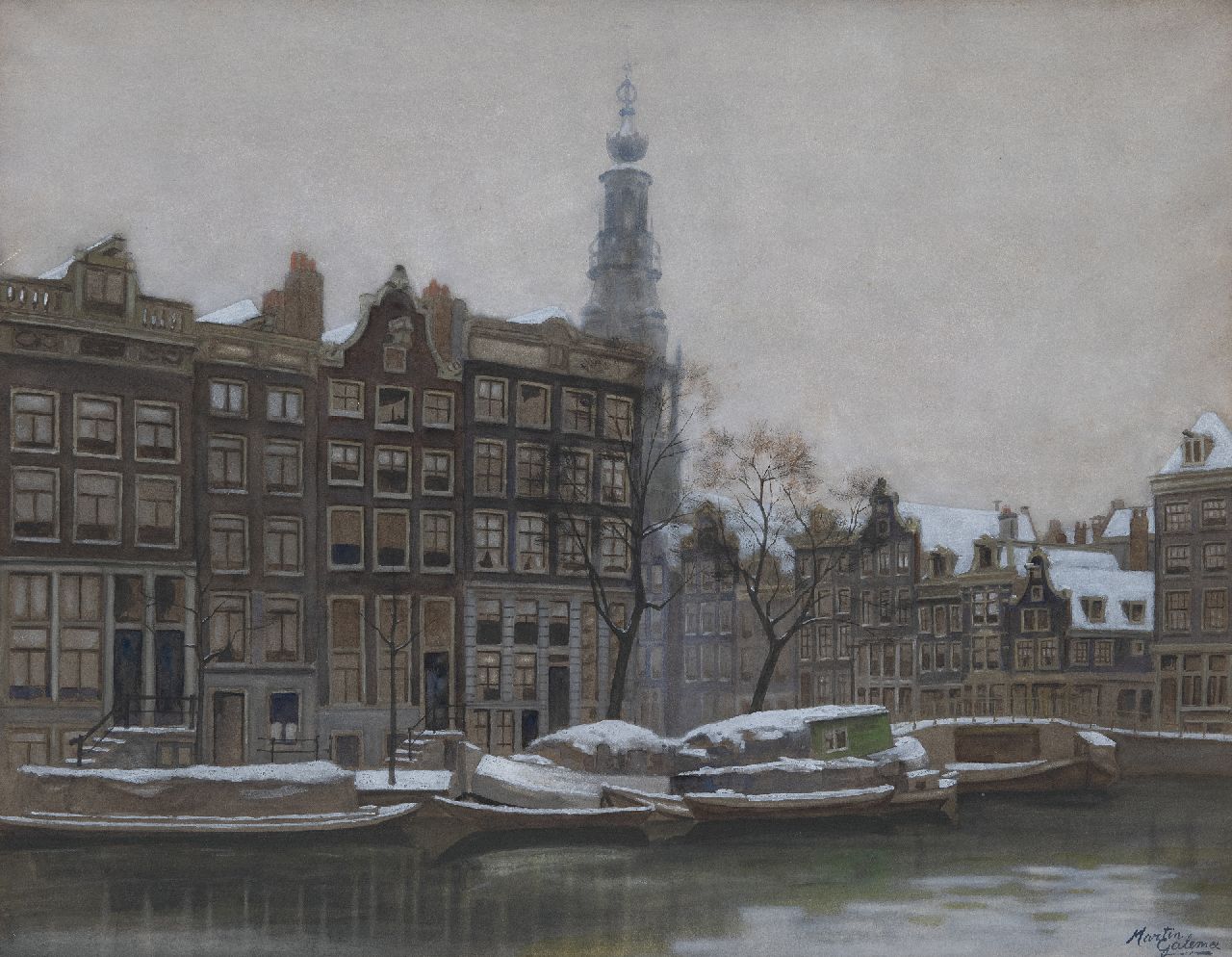 Galema A.  | Arjen Galema | Aquarellen en tekeningen te koop aangeboden | Amsterdam in de winter, met uitzicht op de Zuiderkerkstoren, aquarel op papier 52,0 x 66,5 cm, gesigneerd rechtsonder en zonder lijst