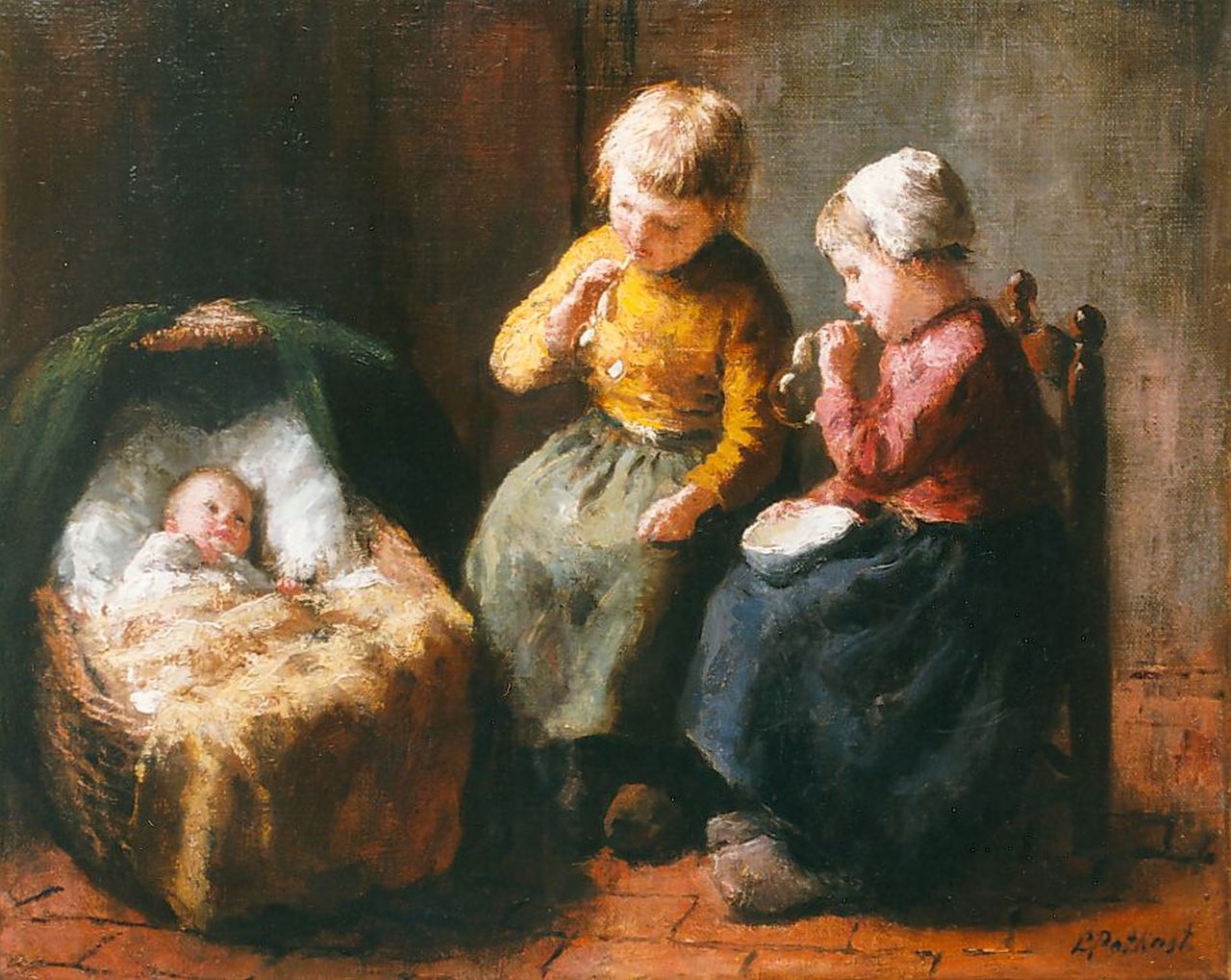 Pothast B.J.C. | 'Bernard' Jean Corneille Pothast, Larens interieur met twee bellenblazende zusjes en baby, olieverf op doek 25,0 x 30,8 cm, gesigneerd rechtsonder Pothast B.J.C. | 'Bernard' Jean Corneille Pothast, Larens interieur met twee bellenblazende zusjes en baby, olieverf op doek 25,0 x 30,8 cm, gesigneerd rechtsonder