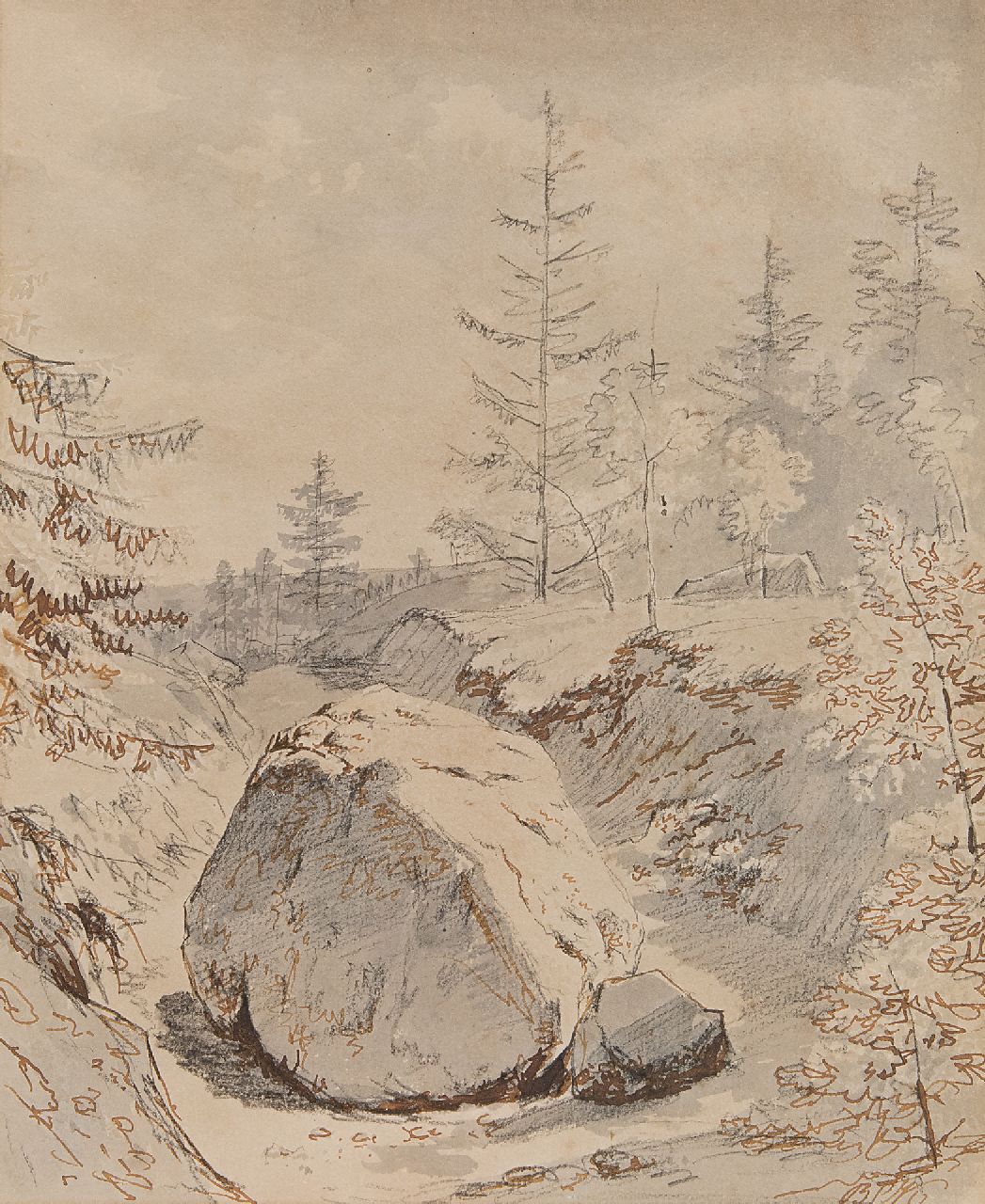 Koekkoek B.C. | Barend Cornelis Koekkoek, Landschap met kei, gewassen inkt, bruine inkt en krijt op papier 26,1 x 21,3 cm, gesigneerd rechtsonder met initialen Koekkoek B.C. | Barend Cornelis Koekkoek, Landschap met kei, gewassen inkt, bruine inkt en krijt op papier 26,1 x 21,3 cm, gesigneerd rechtsonder met initialen