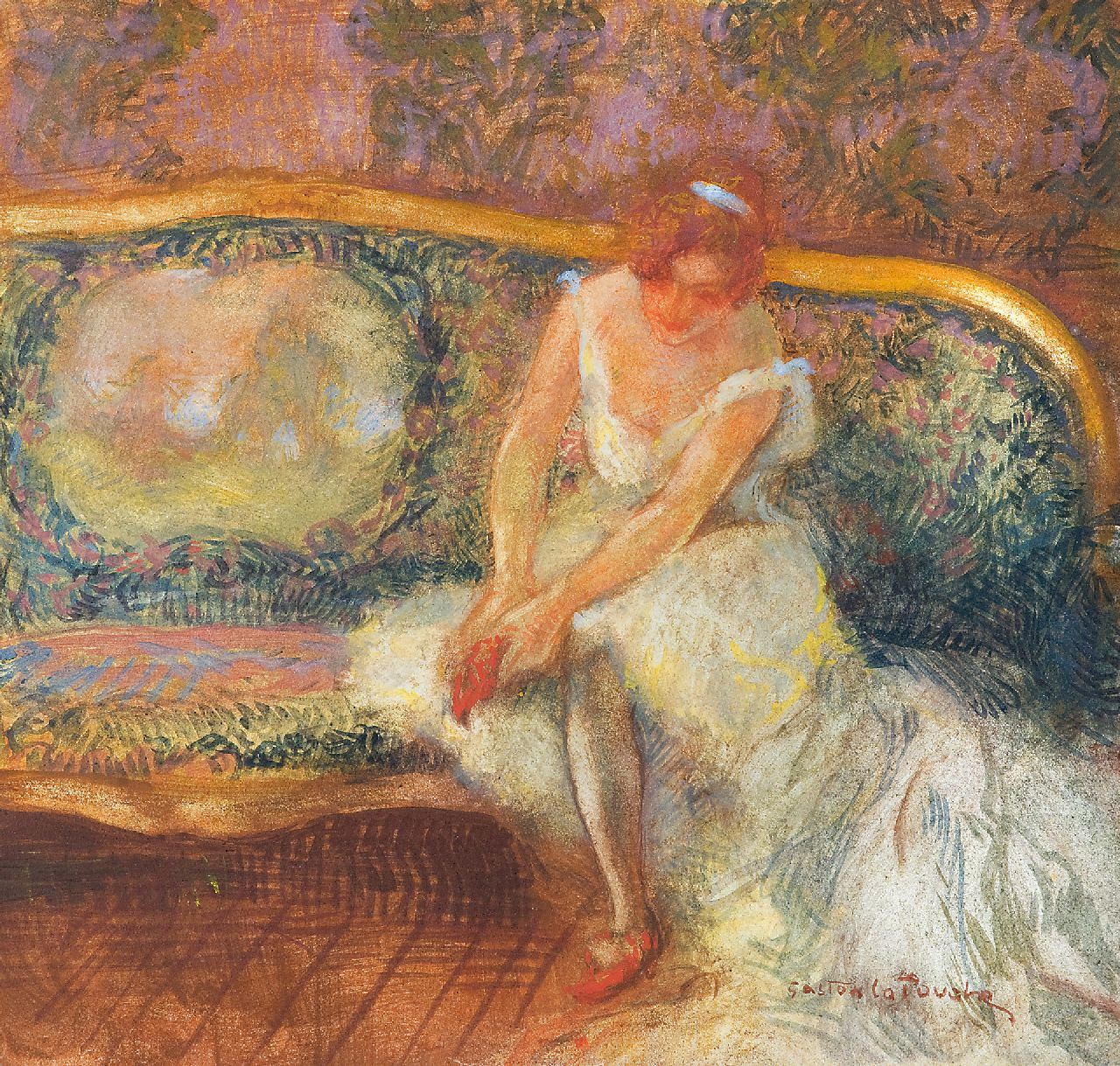 La Touche G.  | Gaston La Touche, Zittende ballerina, krijt en gouache op board 23,1 x 24,3 cm, gesigneerd rechtsonder