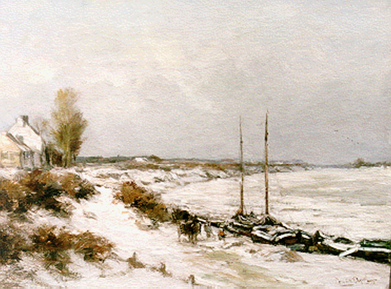 Apol L.F.H.  | Lodewijk Franciscus Hendrik 'Louis' Apol, Wintergezicht met afgemeerde platbodems, olieverf op doek 45,0 x 60,0 cm, gesigneerd rechtsonder