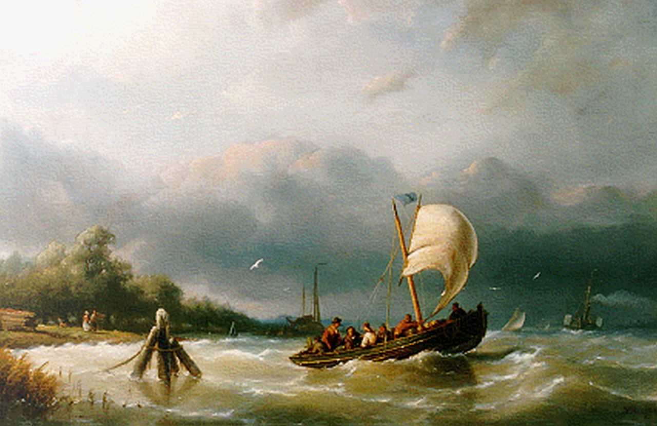 Riegen N.  | Nicolaas Riegen, Overzetveer op woelig water, olieverf op doek 35,5 x 51,0 cm, gesigneerd rechtsonder