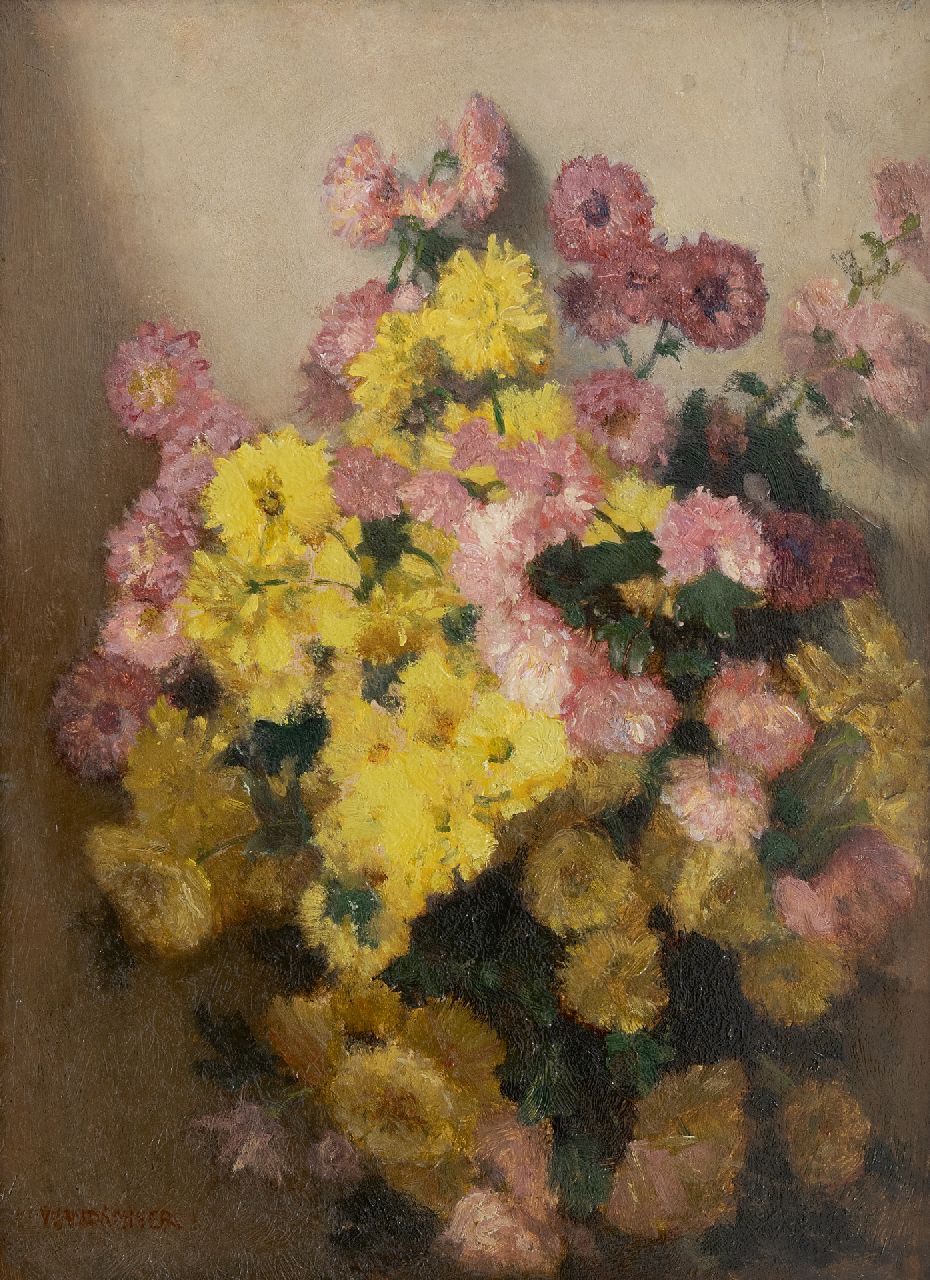 Wandscheer M.W. | Maria Wilhelmina 'Marie' Wandscheer | Schilderijen te koop aangeboden | Herfstchrysantjes, olieverf op paneel 41,0 x 30,1 cm, gesigneerd linksonder en verso Wandscheer M.W. | Maria Wilhelmina 'Marie' Wandscheer | Schilderijen te koop aangeboden | Herfstchrysantjes, olieverf op paneel 41,0 x 30,1 cm, gesigneerd linksonder en verso