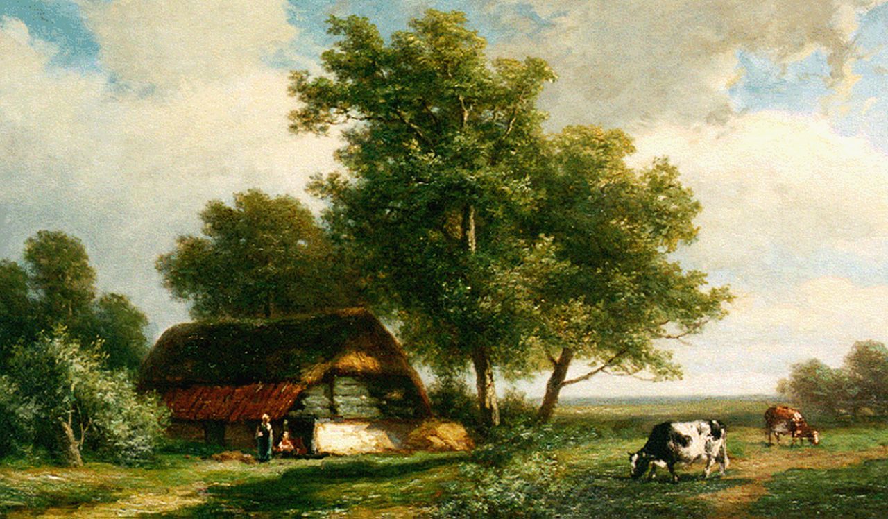 Daiwaille A.J. | Alexander Joseph Daiwaille, Grazende koeien in zonovergoten landschap, olieverf op paneel 28,8 x 40,3 cm, gesigneerd linksonder Daiwaille A.J. | Alexander Joseph Daiwaille, Grazende koeien in zonovergoten landschap, olieverf op paneel 28,8 x 40,3 cm, gesigneerd linksonder