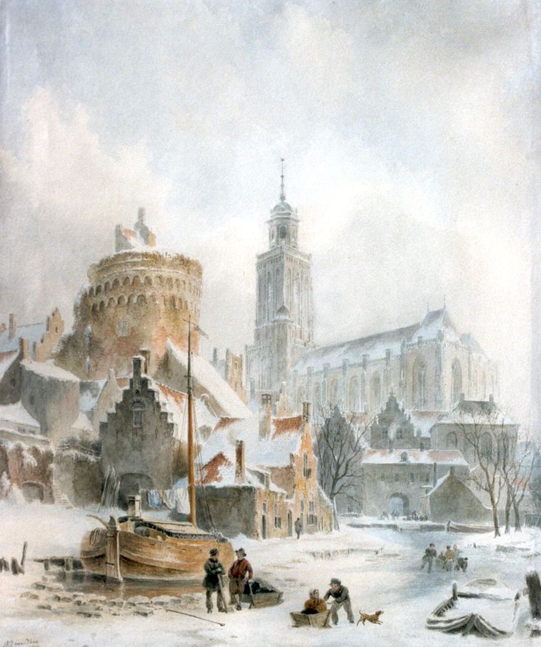 Hove B.J. van | Bartholomeus Johannes 'Bart' van Hove, Gezicht op de stadspoort en kerk Deventer, aquarel op papier 47,0 x 40,0 cm, gesigneerd linksonder en gedateerd 1845