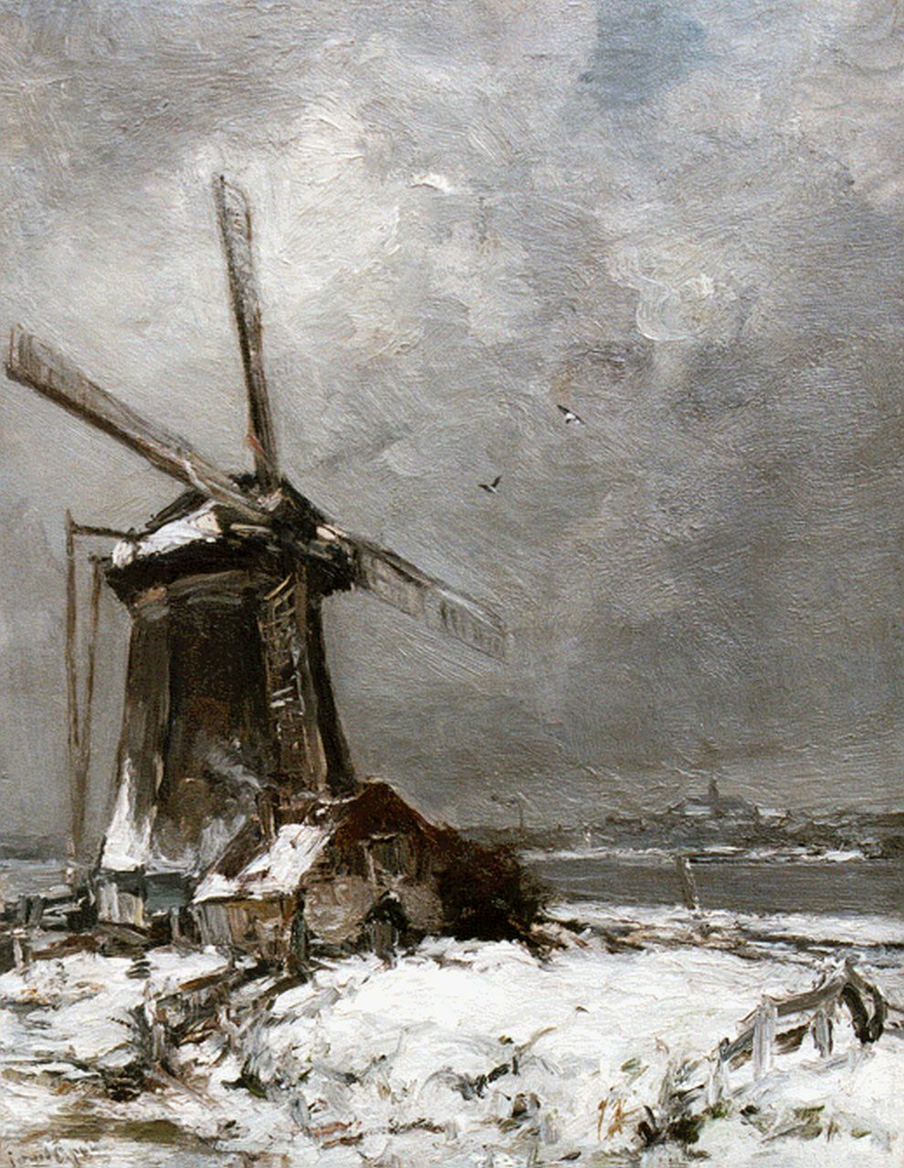 Apol L.F.H. | Lodewijk Franciscus Hendrik 'Louis' Apol, Molen in een winterlandschap, olieverf op doek 50,2 x 39,2 cm, gesigneerd linksonder Apol L.F.H. | Lodewijk Franciscus Hendrik 'Louis' Apol, Molen in een winterlandschap, olieverf op doek 50,2 x 39,2 cm, gesigneerd linksonder