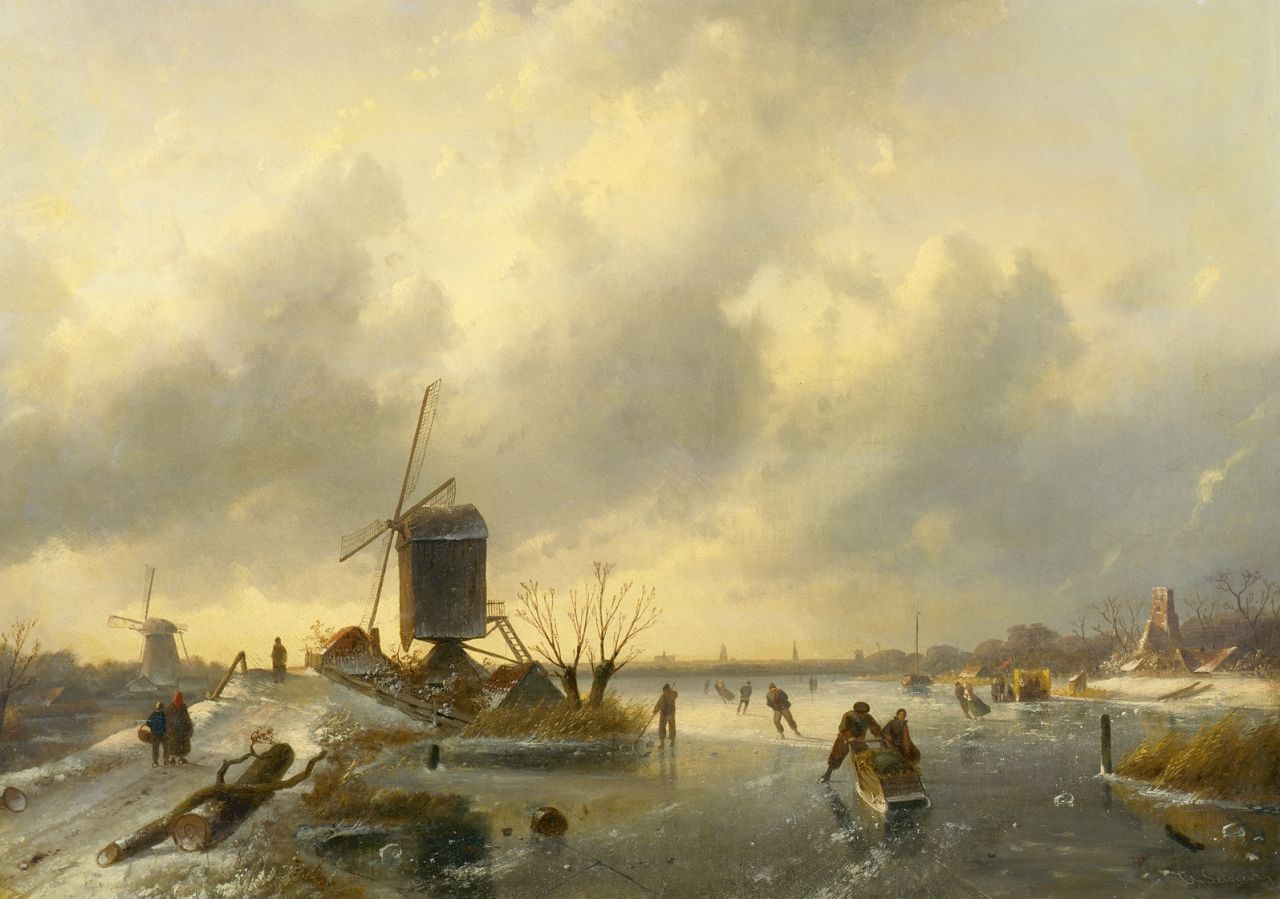Leickert C.H.J. | 'Charles' Henri Joseph Leickert, Schaatsers op bevroren rivier met molens, olieverf op doek op paneel 60,1 x 85,0 cm, gesigneerd rechtsonder Leickert C.H.J. | 'Charles' Henri Joseph Leickert, Schaatsers op bevroren rivier met molens, olieverf op doek op paneel 60,1 x 85,0 cm, gesigneerd rechtsonder