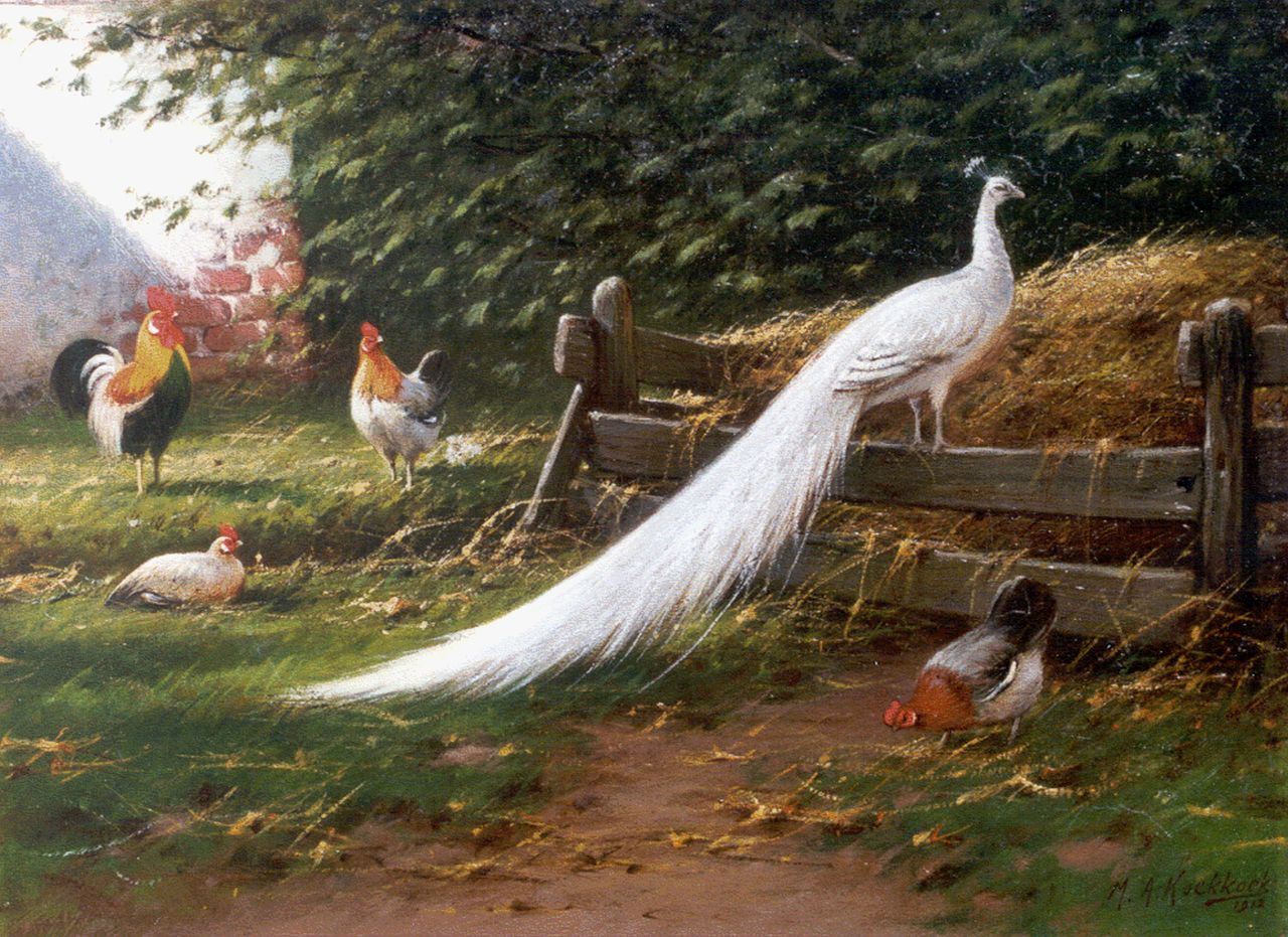 Koekkoek II M.A.  | Marinus Adrianus Koekkoek II, Erf met een pauw en kippen, olieverf op doek 28,4 x 38,4 cm, gesigneerd rechtsonder en gedateerd 1912