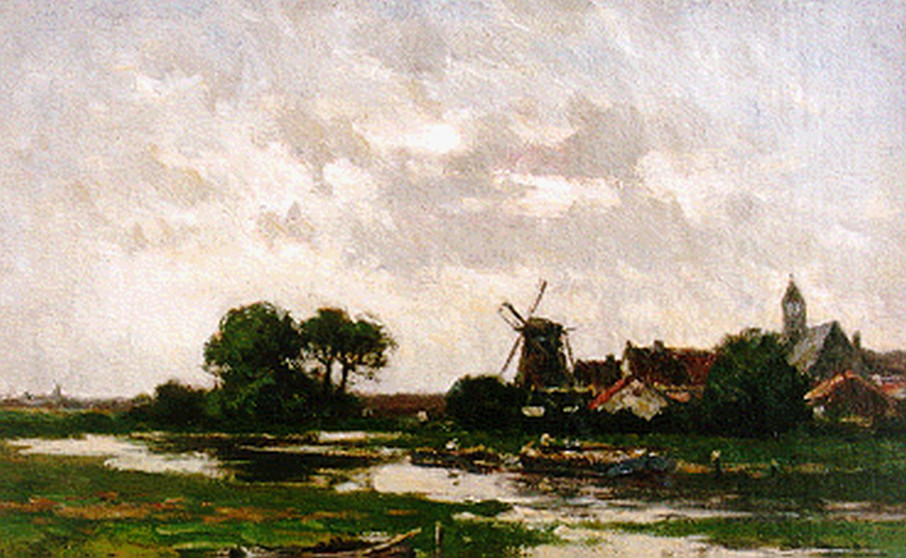 Rip W.C. | 'Willem' Cornelis Rip, Polderlandschap met dorpje op de achtergrond, olieverf op doek 33,5 x 47,2 cm, gesigneerd linksonder Rip W.C. | 'Willem' Cornelis Rip, Polderlandschap met dorpje op de achtergrond, olieverf op doek 33,5 x 47,2 cm, gesigneerd linksonder
