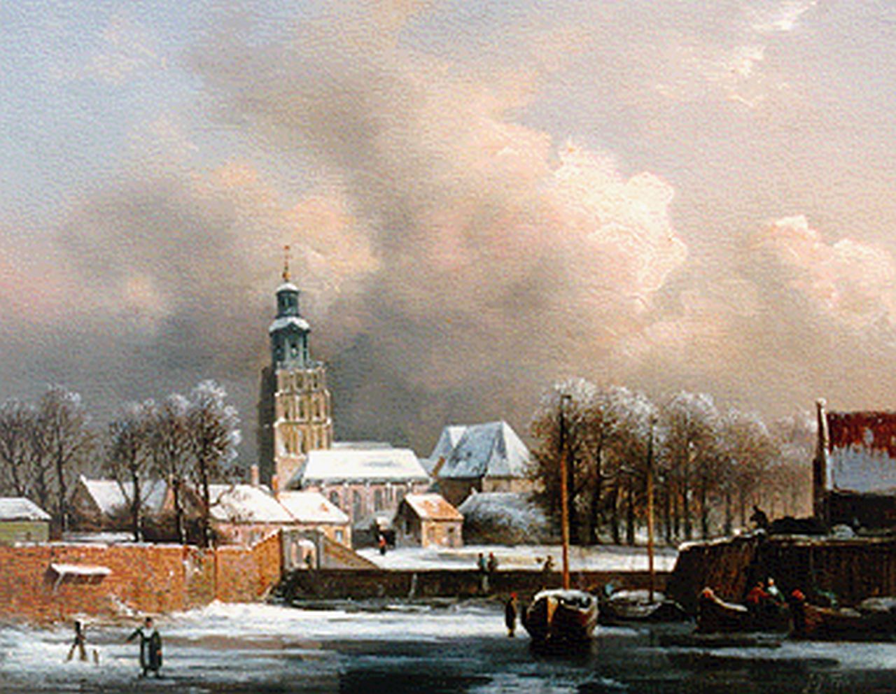 Fels J.J. | Jan Jacob Fels, Gezicht op de St. Walburgskerk in Zutphen, olieverf op paneel 28,5 x 36,3 cm, gesigneerd rechtsonder Fels J.J. | Jan Jacob Fels, Gezicht op de St. Walburgskerk in Zutphen, olieverf op paneel 28,5 x 36,3 cm, gesigneerd rechtsonder