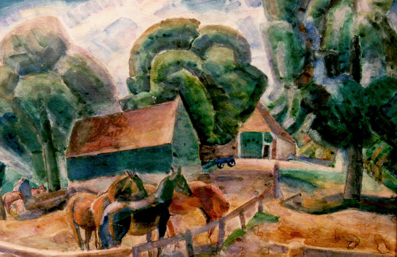 Gestel L. | Leendert 'Leo' Gestel, Paarden bij een boerderij, aquarel op papier 70,0 x 95,5 cm, gesigneerd rechtsonder en gedateerd 1922 Gestel L. | Leendert 'Leo' Gestel, Paarden bij een boerderij, aquarel op papier 70,0 x 95,5 cm, gesigneerd rechtsonder en gedateerd 1922