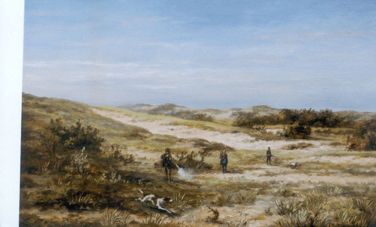 Hulk H. | Hendrik Hulk, Jagers schieten een konijn in de duinen, olieverf op doek 30,7 x 45,8 cm, gesigneerd rechtsonder Hulk H. | Hendrik Hulk, Jagers schieten een konijn in de duinen, olieverf op doek 30,7 x 45,8 cm, gesigneerd rechtsonder
