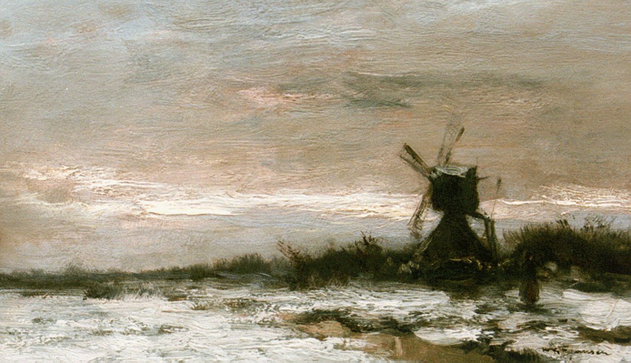 Jansen W.G.F. | 'Willem' George Frederik Jansen, Molen in een besneeuwd polderlandschap, olieverf op schildersboard 20,6 x 34,5 cm, gesigneerd rechtsonder Jansen W.G.F. | 'Willem' George Frederik Jansen, Molen in een besneeuwd polderlandschap, olieverf op schildersboard 20,6 x 34,5 cm, gesigneerd rechtsonder