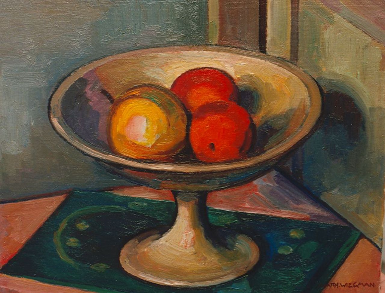 Wiegman M.J.M. | Mattheus Johannes Marie 'Matthieu' Wiegman, Stilleven met appels op fruitschaal, olieverf op doek 40,0 x 50,0 cm, gesigneerd rechtsonder Wiegman M.J.M. | Mattheus Johannes Marie 'Matthieu' Wiegman, Stilleven met appels op fruitschaal, olieverf op doek 40,0 x 50,0 cm, gesigneerd rechtsonder